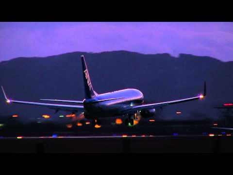 仙台空港飛行機着陸 Beautiful dusk and ANA Boeing 737-800 landing at Japan Sendai Airport 夕日で機体が輝く航空映像