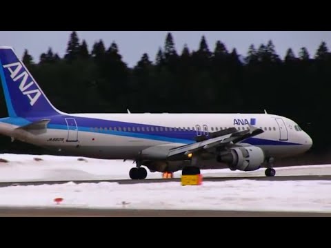 秋田空港2機の飛行機着陸 ANA Wings Bombardier Dash8 and ANA Airbus A320 Landing to Japan Akita Airport