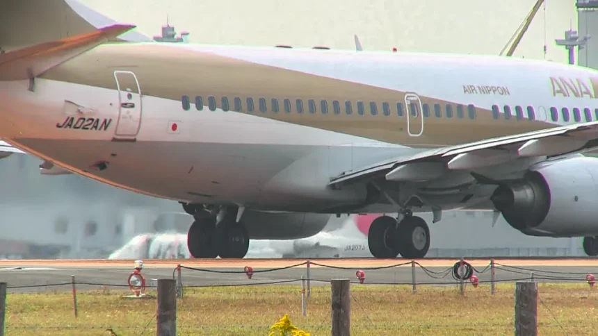 ANA ボーイング737-700 JA02AN 特別塗装機ゴールドジェットが仙台空港から離陸