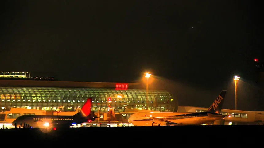 仙台空港の夜景と夜空に飛び立つ旅客機の離着陸