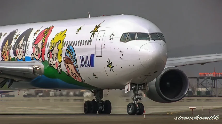 仙台空港から離陸する全日本空輸創立60周年記念特別塗装機「ゆめジェット～You&Me～」