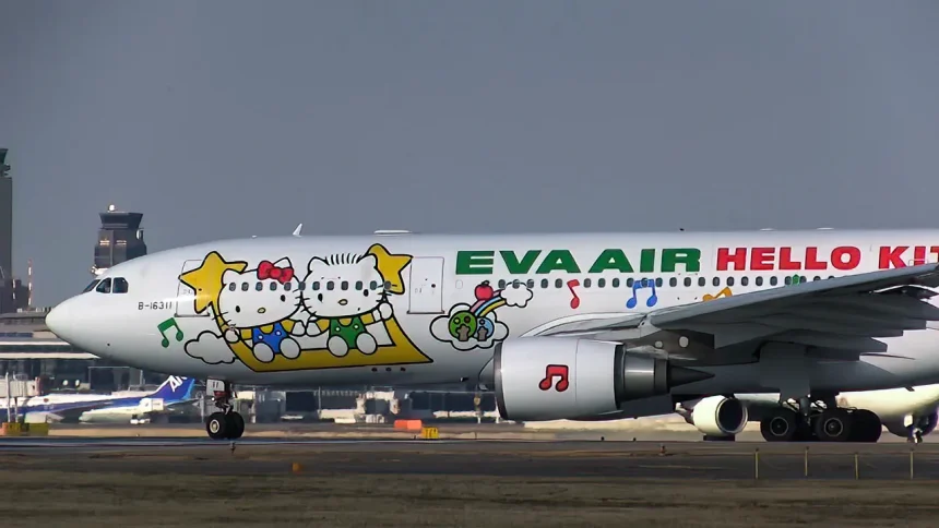 エバー航空 特別塗装機ハローキティジェット「ハッピー・ミュージック・タイム」が成田国際空港から離陸