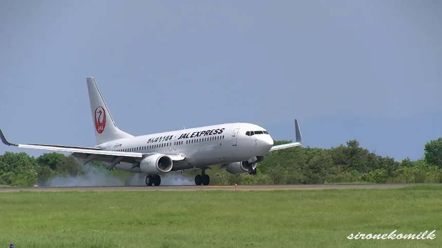 秋田空港にJALエクスプレス ボーイング737-800 JA302J「がんばろう日本」ロゴ機が着陸
