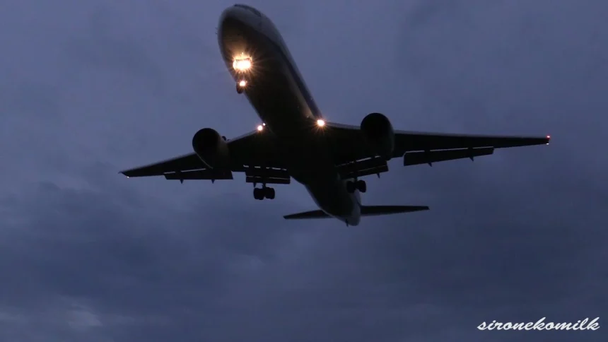 仙台空港の夜景と飛行機着陸