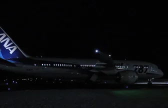 雪を明るく照らしながら夜の秋田空港に着陸する全日本空輸のボーイング787