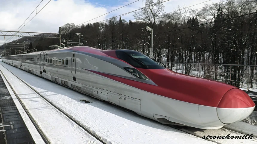 雪の中を駆け抜ける秋田新幹線E6系とE3系こまちの走行シーン