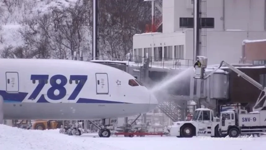 秋田空港の滑走路除雪風景と全日本空輸ボーイング787の離陸
