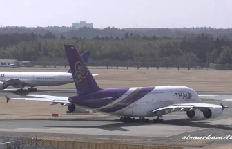タイ国際航空の大型旅客機 エアバスA380-800が成田国際空港から離陸