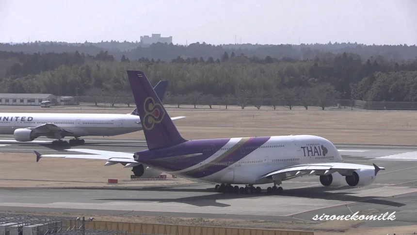 タイ国際航空の大型旅客機 エアバスA380-800が成田国際空港から離陸