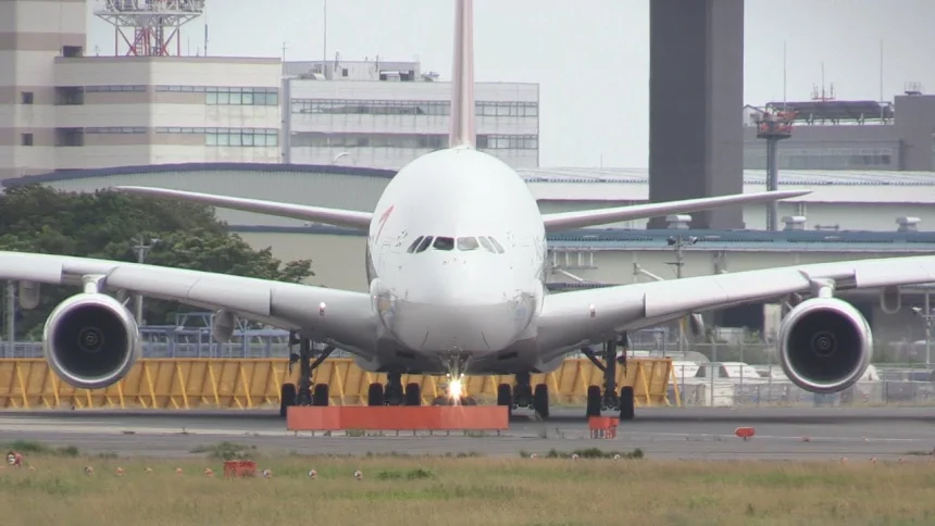 成田国際空港から離陸するアシアナ航空の大型旅客機 エアバスA380-800