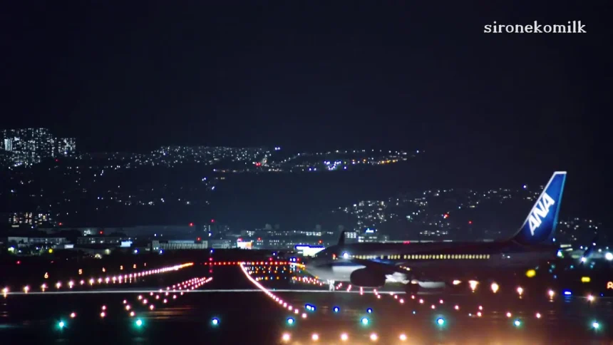 大阪伊丹空港 飛行機の離着陸 千里川堤防夜景・スカイランドHARADA・伊丹スカイパーク