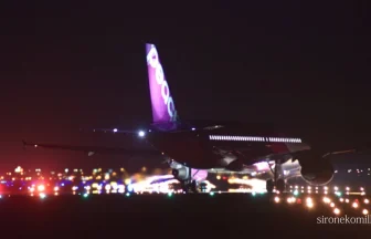 仙台空港の夜景と飛行機の離陸 ピーチ・アビエーション エアバスA320-200