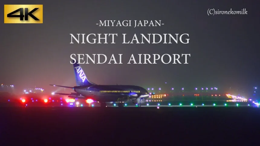 滑走路の夜景が美しい仙台空港 飛行機着陸映像 | 宮城県名取市
