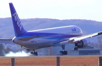 暴風警報発令中の仙台空港 ANA 全日本空輸 ボーイング767-300の着陸写真