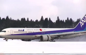 秋田空港 飛行機着陸映像 全日本空輸 ボーイング767-300「心をひとつに、がんばろうニッポン」